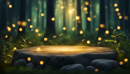 a stone display dais in the woods lit by fireflies