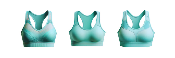 Set of pastel green turquoise blue, front side view, sports bra, illustration, isolated over on transparent white background