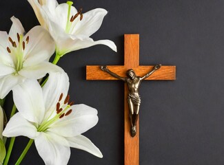 Poster - Christianity wooden cross with white lilies on a black background. Holy Easter.