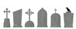 Collection of vector illustrations of gravestones in a cemetery . Grave crosses and monuments