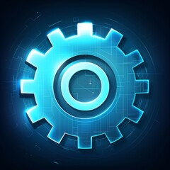 Wall Mural - A digital gear icon emanates a bright blue glow against a futuristic circuit background, symbolizing technology and innovation