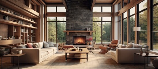 Poster - A warm and inviting living room featuring a fireplace as the focal point, surrounded by comfortable couches for relaxation