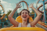 Fototapeta Panele - Joyful woman enjoying a roller coaster ride