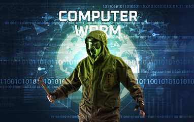 Poster - Faceless hacker at work, security concept