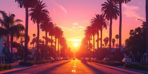 golden hour in los angeles: palm trees and city lights at sunset. concept photography, golden hour, 