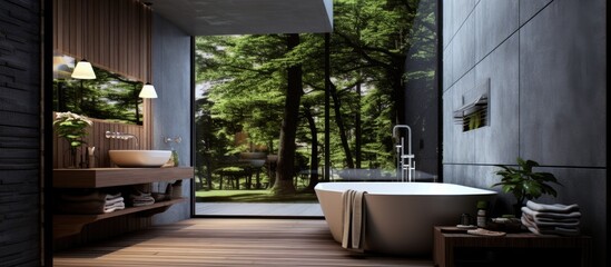 Wall Mural - A modern bathroom featuring a spacious tub and elegant wooden flooring, creating a warm and inviting ambiance