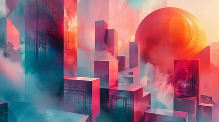 Fototapete - abstract digital artwork with geometric shapes and pastel color gradients