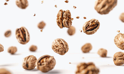 Wall Mural - walnuts floating in the air on the white background.