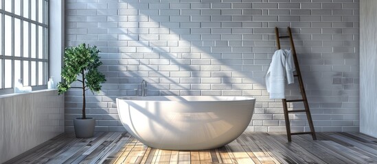 Poster - A clean and modern bathroom featuring a white tub contrasted against a warm wooden floor