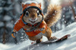 A squirrel wearing a red jacket and orange gloves is riding a snowboard a playful and lighthearted mood. The squirrels face is lit up with a wide, thrilled grin, its eyes sparkling behind snow goggles