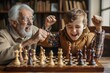 Children and grandparents play chess together. Happy boy and grandfather win, celebrate victory, shout yes hooray and do fist up gestures while sitting at table with sad grandma, Generative AI