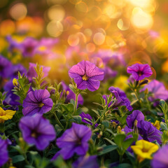Wall Mural - Bright purple and yellow petunia flowers bloom in a flowerbed in the garden against golden bokeh background.