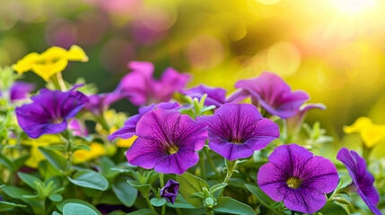 Wall Mural - Flowerbed with beautiful purple and yellow petunia in the rays of the setting sun.