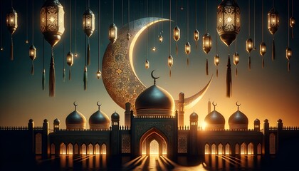 Wall Mural - Eid mubarak background illustration with mosque and lanterns at night.