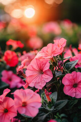 Wall Mural - Pink petunia flowers in a flowerbed in the garden.