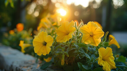 Wall Mural - Yellow petunia flowers in the garden in sunset light.
