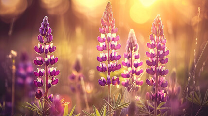 Wall Mural - Beautiful purple lupines bloom in a field in the rays of the setting sun.