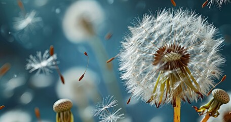 Wall Mural - Dandelions flowers field. Dandelion seeds blowing on blue background.