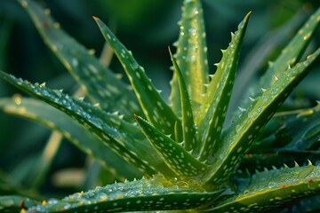 Poster - Green Aloe vera leaves. Green drop. Generate Ai