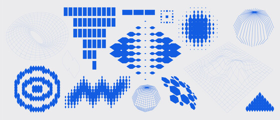 Wall Mural - Simple abstract shape set geometric blue pixel art bitmap. Ideal for web design, app design, poster, clothes, retro aesthetic composition