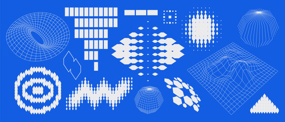 Wall Mural - Simple abstract shape set geometric blue pixel art bitmap. Ideal for web design, app design, poster, clothes, retro aesthetic composition