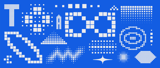 Simple abstract shape set geometric blue pixel art bitmap. Ideal for web design, app design, poster, clothes, retro aesthetic composition