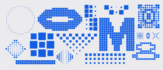 Wall Mural - Simple abstract shape set geometric blue pixel art bitmap. Ideal for web design, app design, poster, clothes, retro aesthetic composition