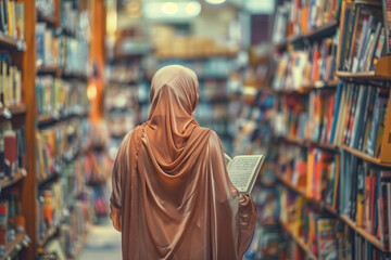 Wall Mural - A woman in a white robe walks through a library of books
