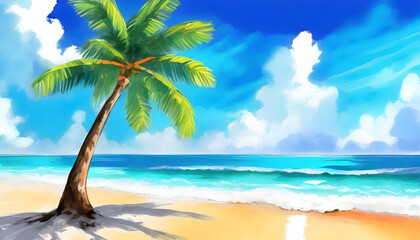 Wall Mural - Palm tree on tropical beach with blue sky and white clouds abstract background.