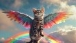 Cat Standing on Hind Legs With Wings and Rainbow