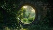 Circular Window in Brick Wall Overlooking Garden