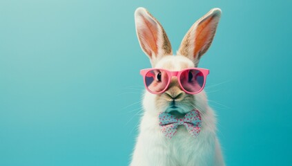 Wall Mural - Portrait of cute bunny wearing pink plastic sunglasses and polka dot bow tie against blue background. Funny hipster rabbit with stylish accessory. Concept of happy Easter celebration.