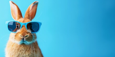 Cute funny bunny wearing sunglasses on color background. Space for text