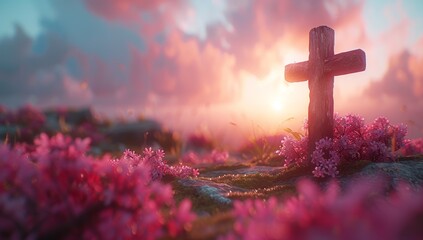 Wall Mural - Wooden Cross at Sunset with Pink Flowers