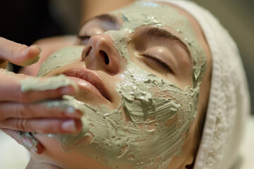 A close-up image of a masseuse's hands applying a facial mask to a client's face during a spa treatment.