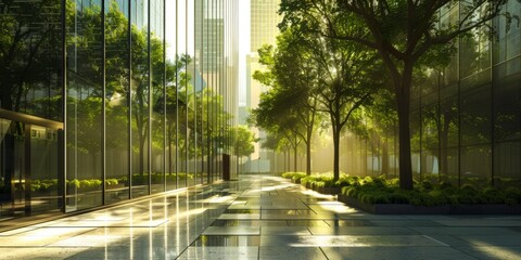 Wall Mural - A sleek glass building with green trees, with sunlight reflecting on the ground, showcasing modern architecture in an urban environment in the style of modern architecture Generative AI