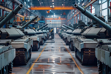 Poster - military tanks in production line at an armament factory.