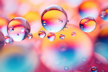 Aufkleber - Pink holographic bubbles floating on the soft colorful abstract background in beautiful vivid tones.