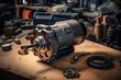 An Essential Engine Component - The Starter Motor - Displayed on a Vintage Workbench in an Old Workshop
