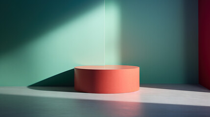 Sticker - Pedestal in colorful room with shadows on the wall. Rich colored podium scene for product display.