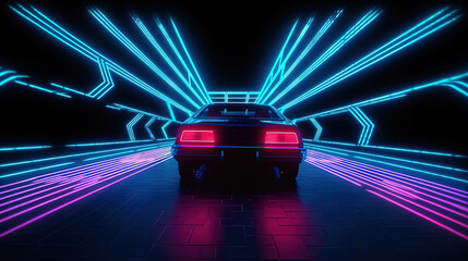 Poster - Car ride on the neon road in 80s retro synthwave style.