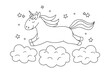 © Mariia - Hand drawn coloring page with a unicorn flying in clouds. Vector illustration