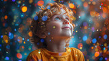 Fototapeta Góry - colorfull numbers floating in the air around a cute little kid,generative ai