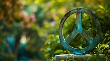 A Peace Sign Made Of Rusted Metal Surrounded By Flowers And Plants