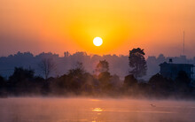 Sunrise Over The Taudah Lake In Kathmandu, Nepal.
