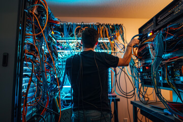 Poster - A person standing and organizing cables at a computer workstation.