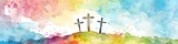 Fototapeta Motyle - Watercolor Easter background with three crosses on a hill