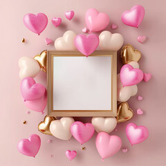 Poster - A white frame with a pink background and a bunch of gold and pink balloons surrounding it. The balloons are arranged in a way that they form a heart shape