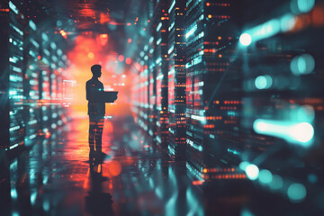 Poster - An abstract image of a person standing and running a backup of important files on a computer.