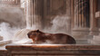 Poster with a capybara lying in the hot pool of a Roman bath in clouds of steam, an idea for advertising